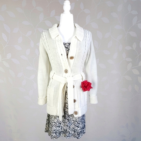 Vintage Cable Knit Belted Collared Button Front Long Cardigan Dayne Taylor Cream - Picture 2 of 15
